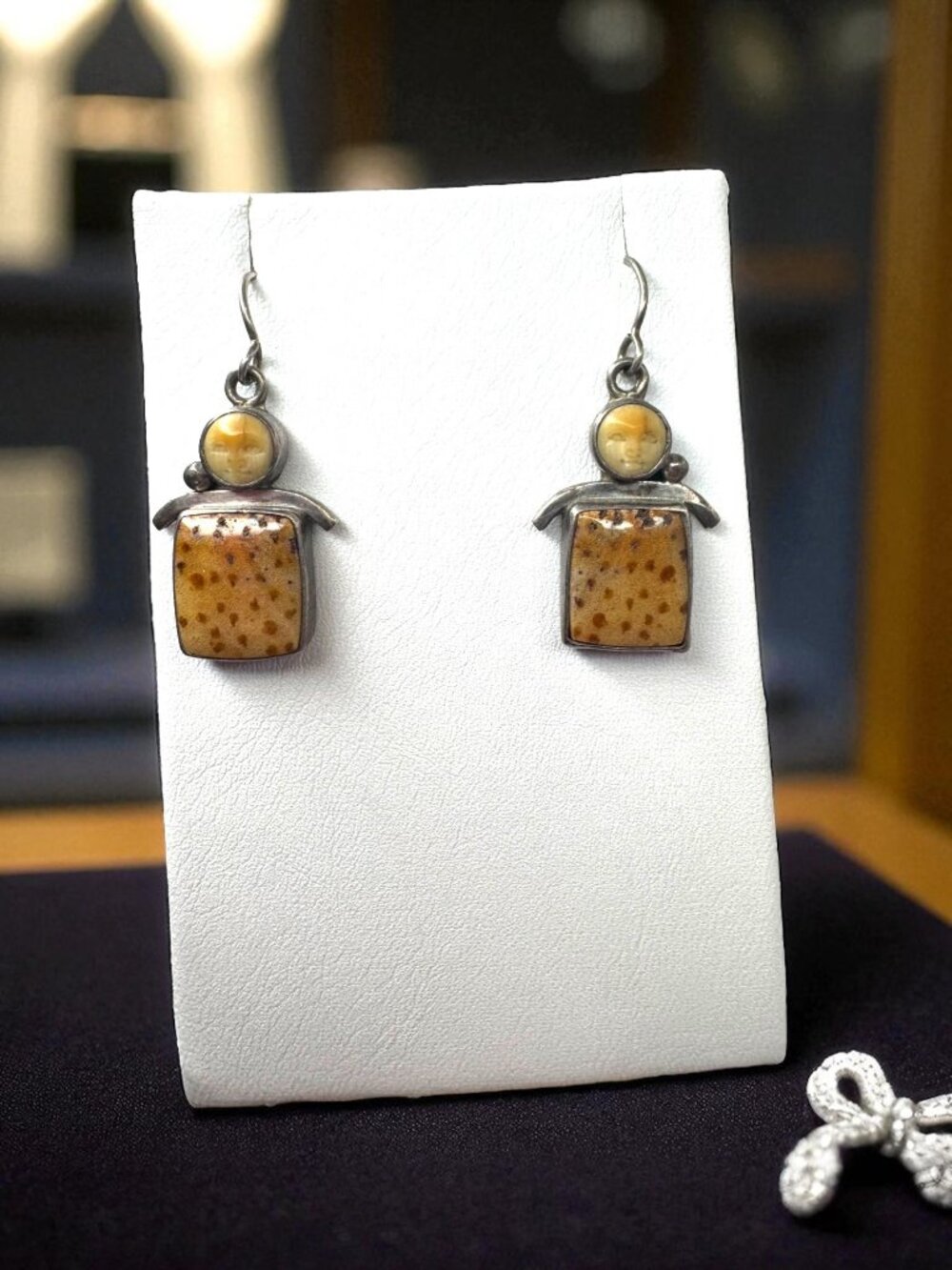 Vintage Sterling Silver Petrified Palm Goddess Dangle Earrings Pierced